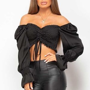 Balloon Sleeve Satin Ruched Smocked Crop Top
